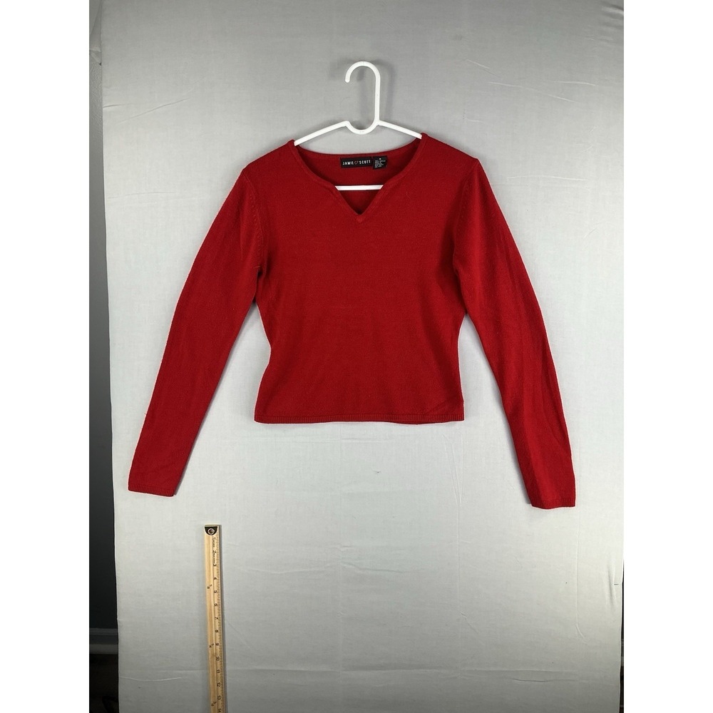 Jamie Scott Red V-Neck Sweater Y2K Minimalist Fitted Acrylic Women's M